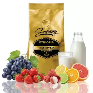 Kawa Etiopia Reserved Yirgacheffe — nuty smakowe: truskawkowki, ciemne winogrona, słodkie cytrusy. Świeżo palona kawa ziarnis
