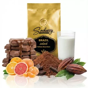 Kawa Brazylia Select Yellow Bourbon — nuty smakowe: czekolada mleczna, słodkie cytrusy, kakao. Świeżo palona kawa ziarnista P